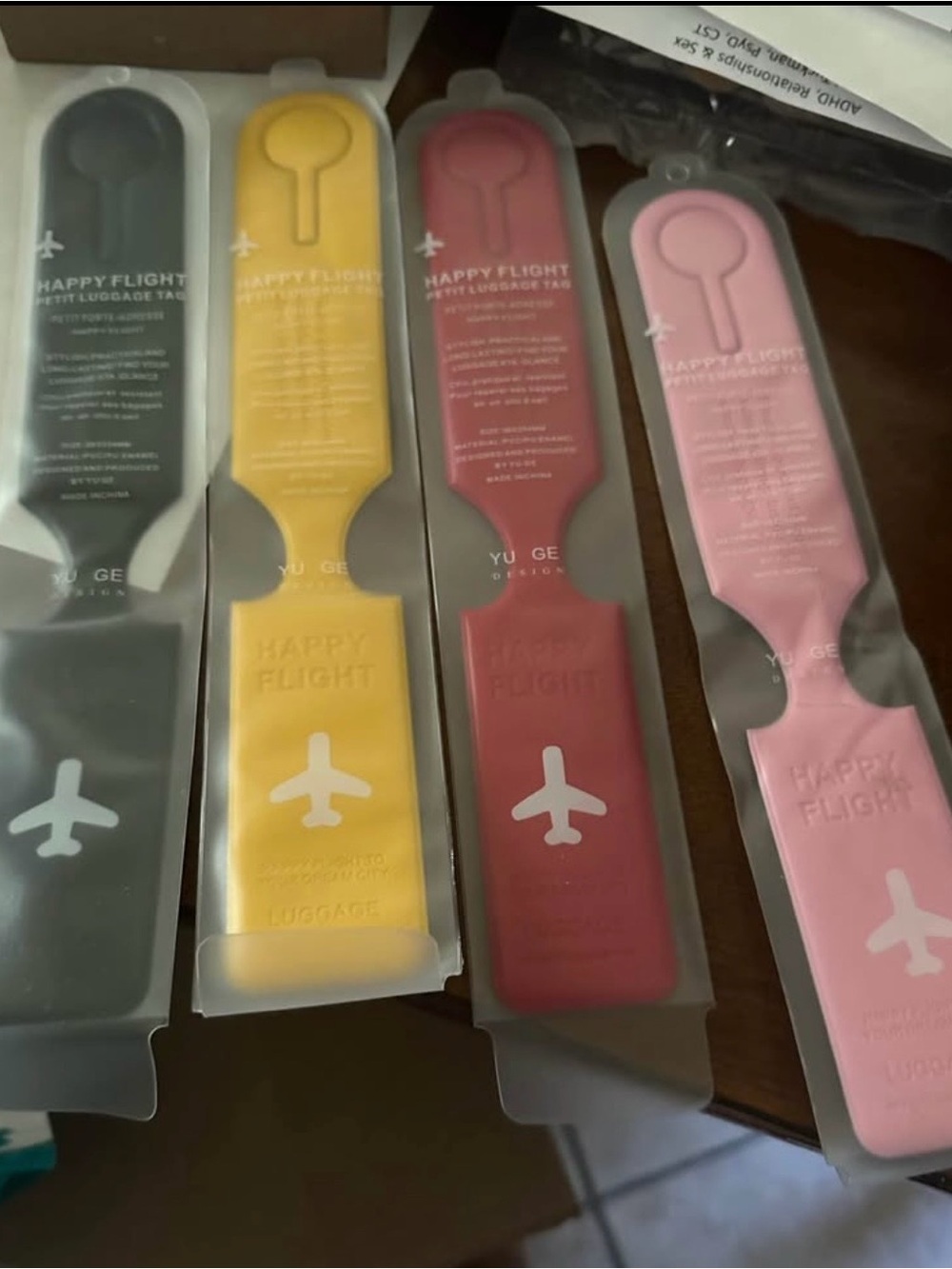 Happy Flight Luggage Tags - Yellow, Red, Pink, Dark Green